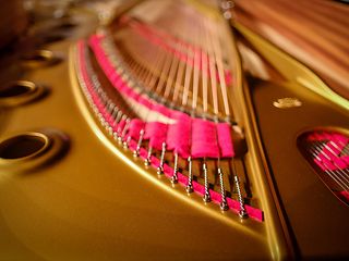 Golden soundboard of a grand piano with golden sides stretched to the back and pink felt.