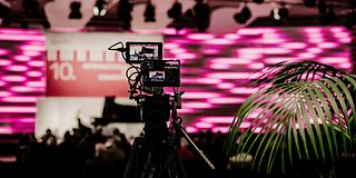 A camera on a tripod with two displays is pointed at the magenta-lit stage. On the right are palm leaves. 